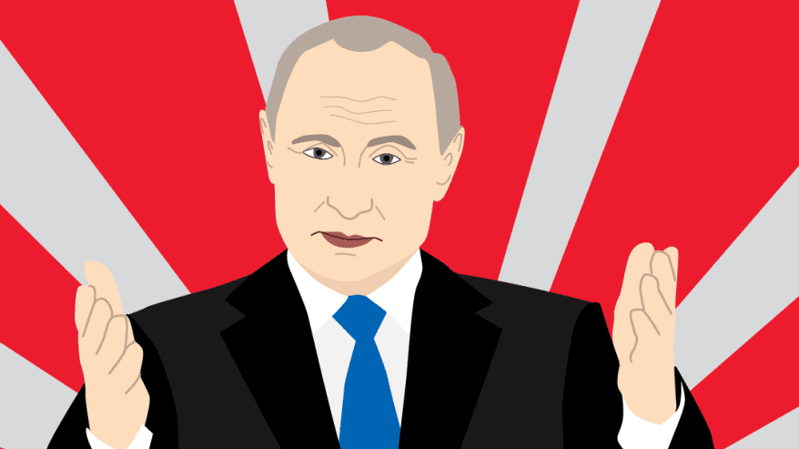 Piirretty Putin kädet koholla.