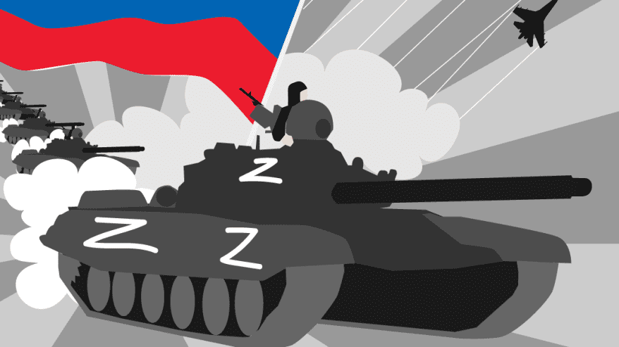 Piirros venäläisestä panssarivaunusta, jossa on Z tunnus. taustalla on venäjän lippu ja hävittäjiä.