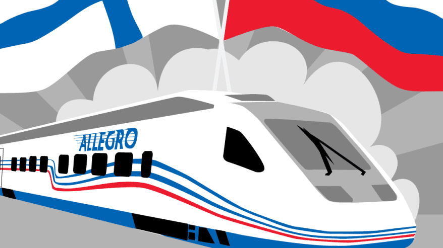 Piirros Allegro -junasta. Taustalla Suomen ja Venäjän liput.